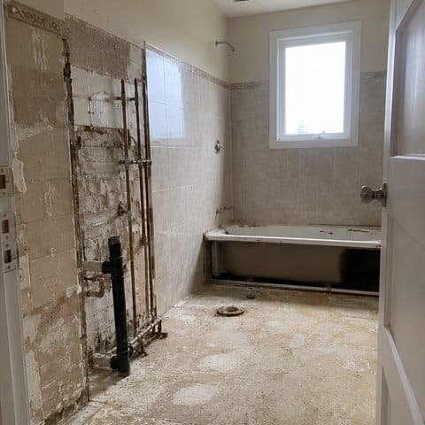 Photo du chantier — mur démoli avec plomberie apparente