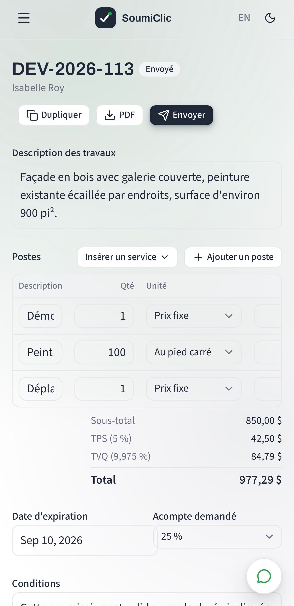 Gestion d'une soumission depuis un téléphone